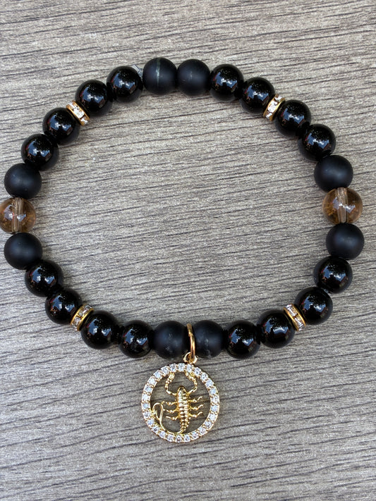 Obsidian & Smokey Quartz Beaded Bracelet featuring Gold Scorpio Charm- Size Large