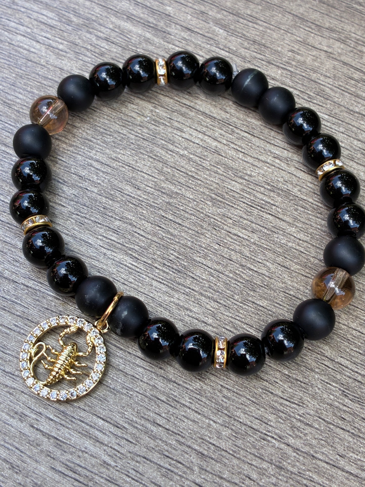 Obsidian & Smokey Quartz Beaded Bracelet featuring Gold Scorpio Charm- Size Large