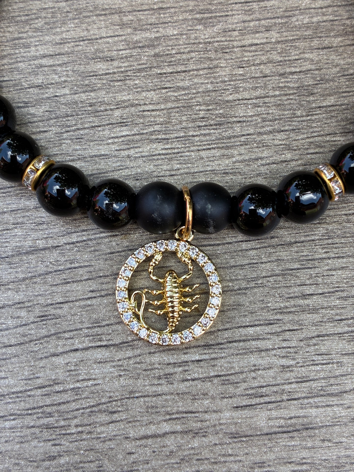 Obsidian & Smokey Quartz Beaded Bracelet featuring Gold Scorpio Charm- Size Large