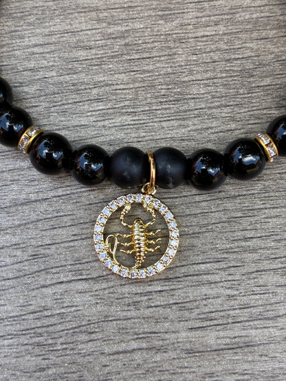 Obsidian & Smokey Quartz Beaded Bracelet featuring Gold Scorpio Charm- Size Large