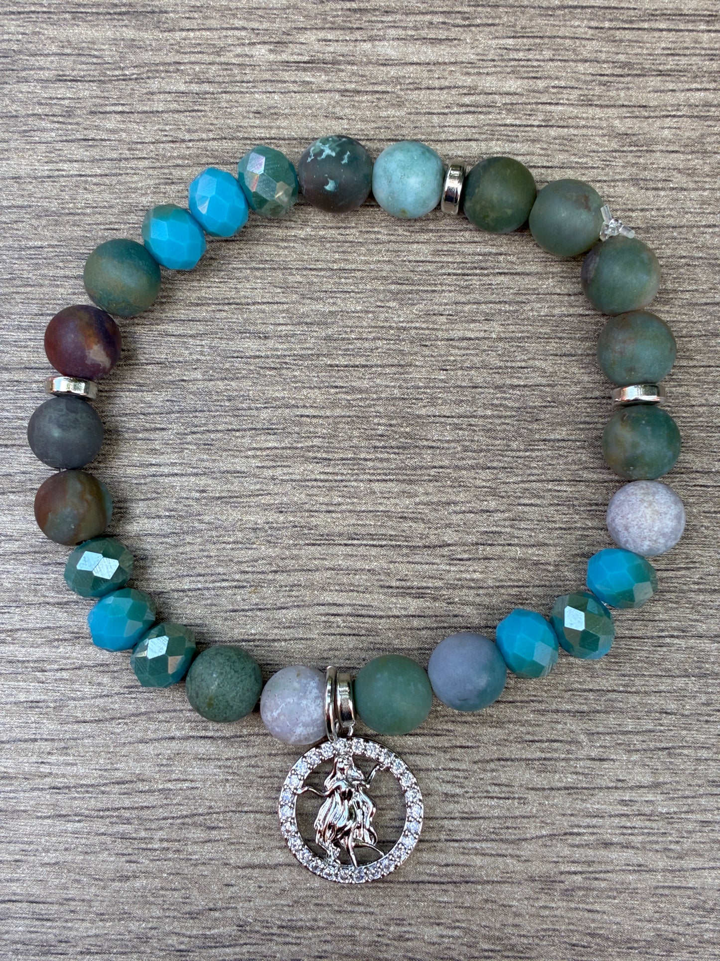 Jasper & Turquoise Color Beaded Bracelet featuring a Silver Virgo Charm- Size Large