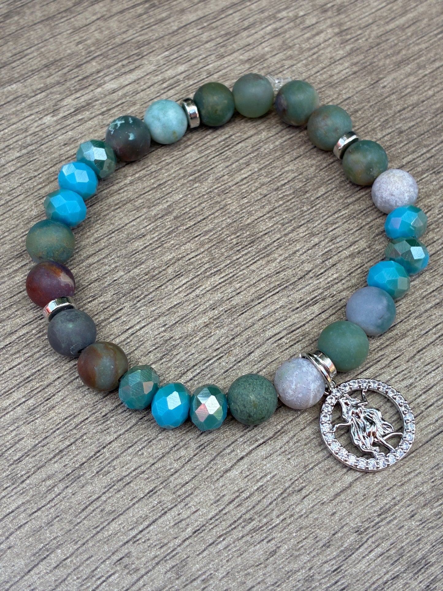 Jasper & Turquoise Color Beaded Bracelet featuring a Silver Virgo Charm- Size Large