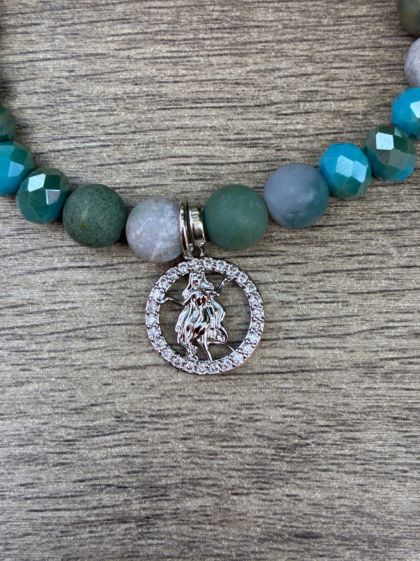 Jasper & Turquoise Color Beaded Bracelet featuring a Silver Virgo Charm- Size Large