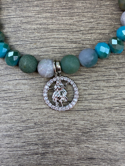 Jasper & Turquoise Color Beaded Bracelet featuring a Silver Virgo Charm- Size Large
