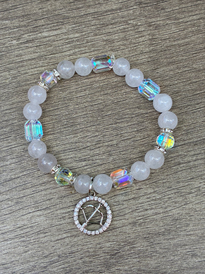 Quartz & Iridescent Beaded Bracelet featuring Silver Sagittarius Charm- Size Medium