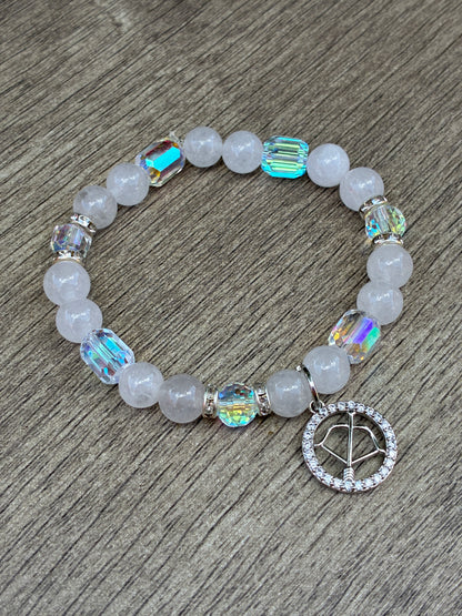 Quartz & Iridescent Beaded Bracelet featuring Silver Sagittarius Charm- Size Medium