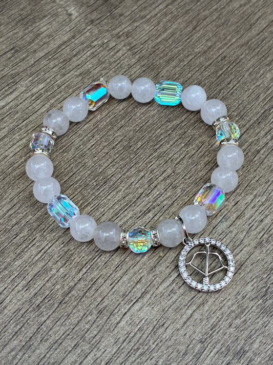 Quartz & Iridescent Beaded Bracelet featuring Silver Sagittarius Charm- Size Medium