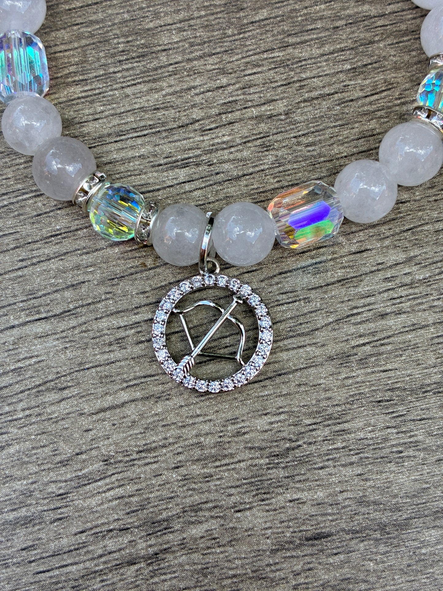 Quartz & Iridescent Beaded Bracelet featuring Silver Sagittarius Charm- Size Medium