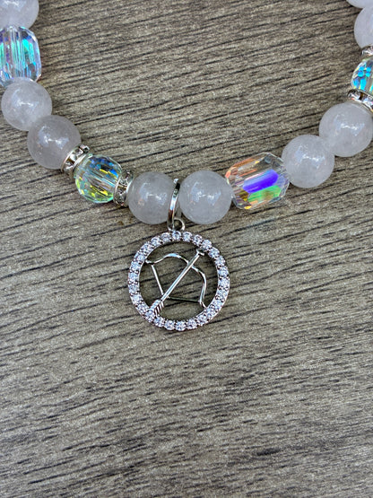 Quartz & Iridescent Beaded Bracelet featuring Silver Sagittarius Charm- Size Medium