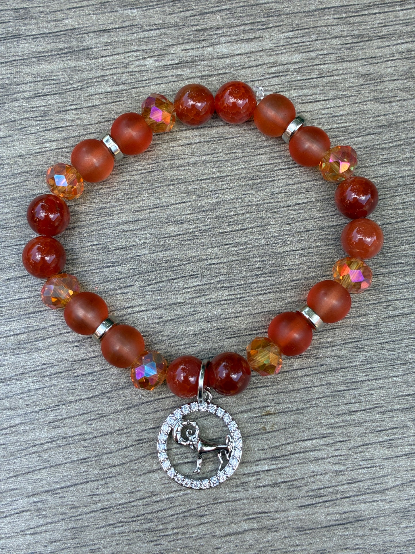 Red Carnelian & Orange Beaded Bracelet featuring Gold Aries Charm- Size Small