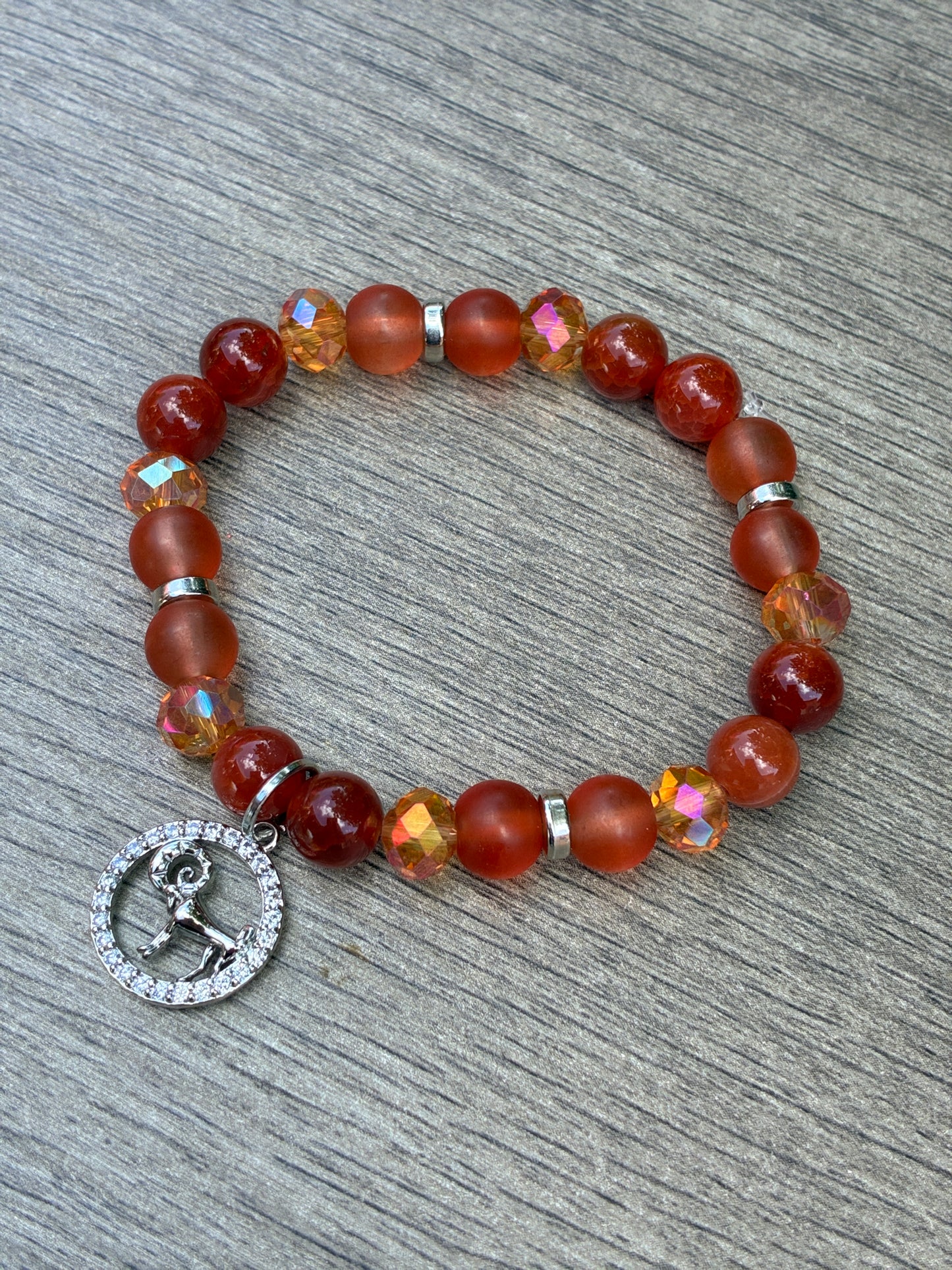 Red Carnelian & Orange Beaded Bracelet featuring Gold Aries Charm- Size Small