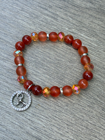 Red Carnelian & Orange Beaded Bracelet featuring Gold Aries Charm- Size Small