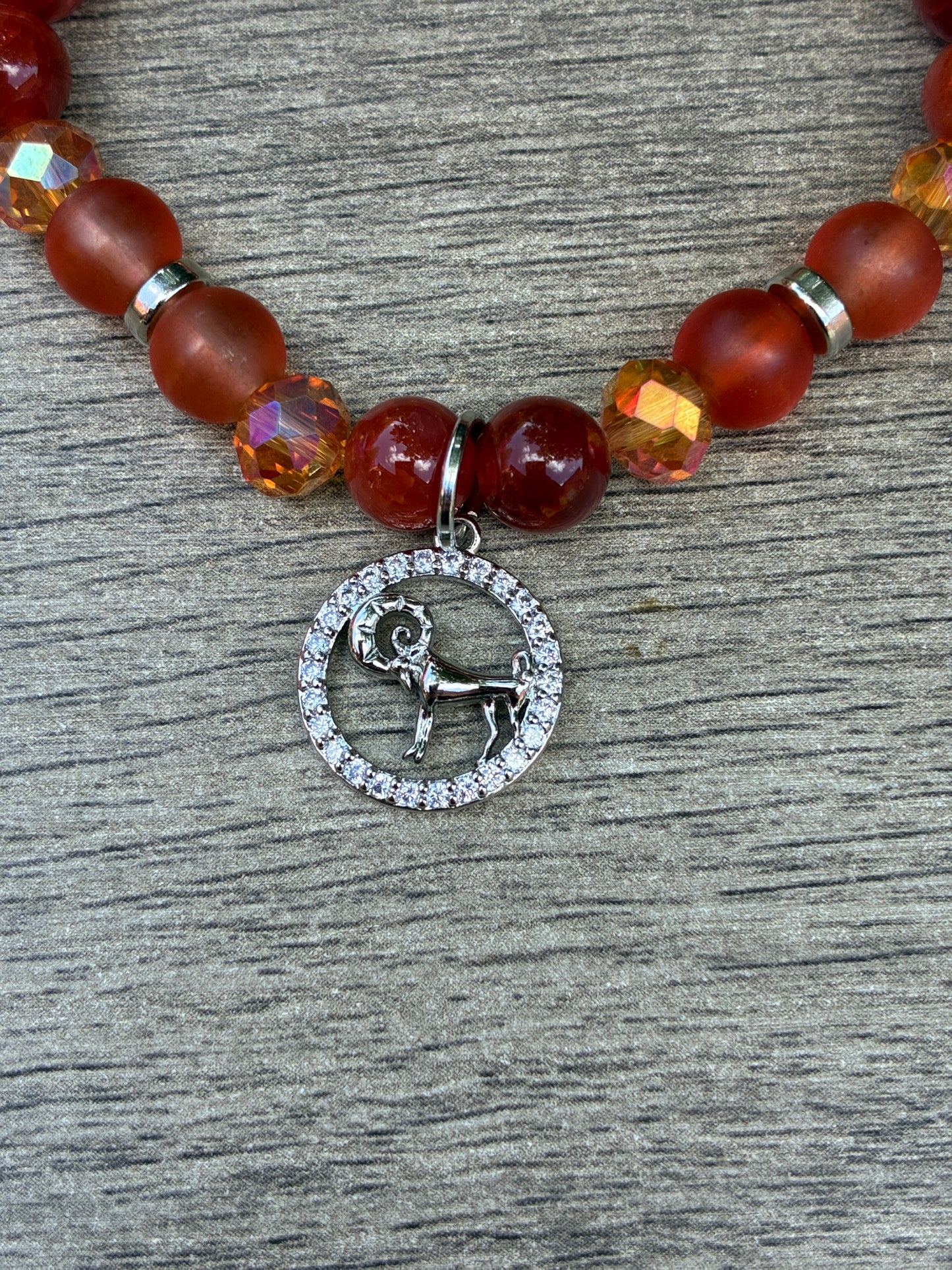 Red Carnelian & Orange Beaded Bracelet featuring Gold Aries Charm- Size Small