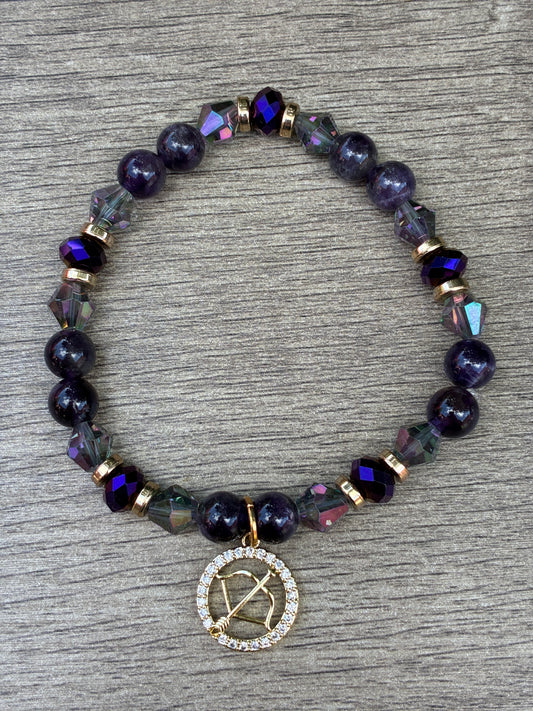 Amethyst & Gold Beaded Bracelet featuring a Gold Sagittarius Charm= Size Large