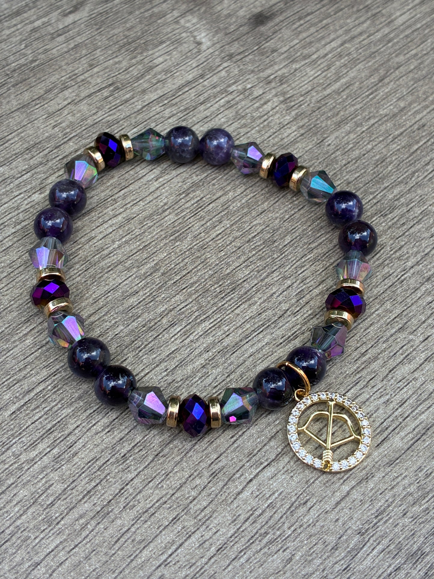 Amethyst & Gold Beaded Bracelet featuring a Gold Sagittarius Charm= Size Large
