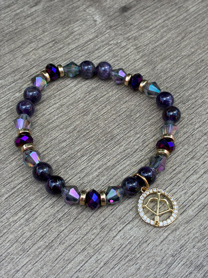 Amethyst & Gold Beaded Bracelet featuring a Gold Sagittarius Charm= Size Large