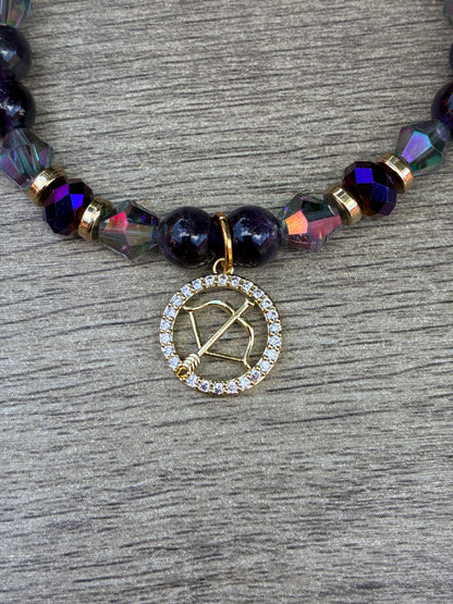 Amethyst & Gold Beaded Bracelet featuring a Gold Sagittarius Charm= Size Large