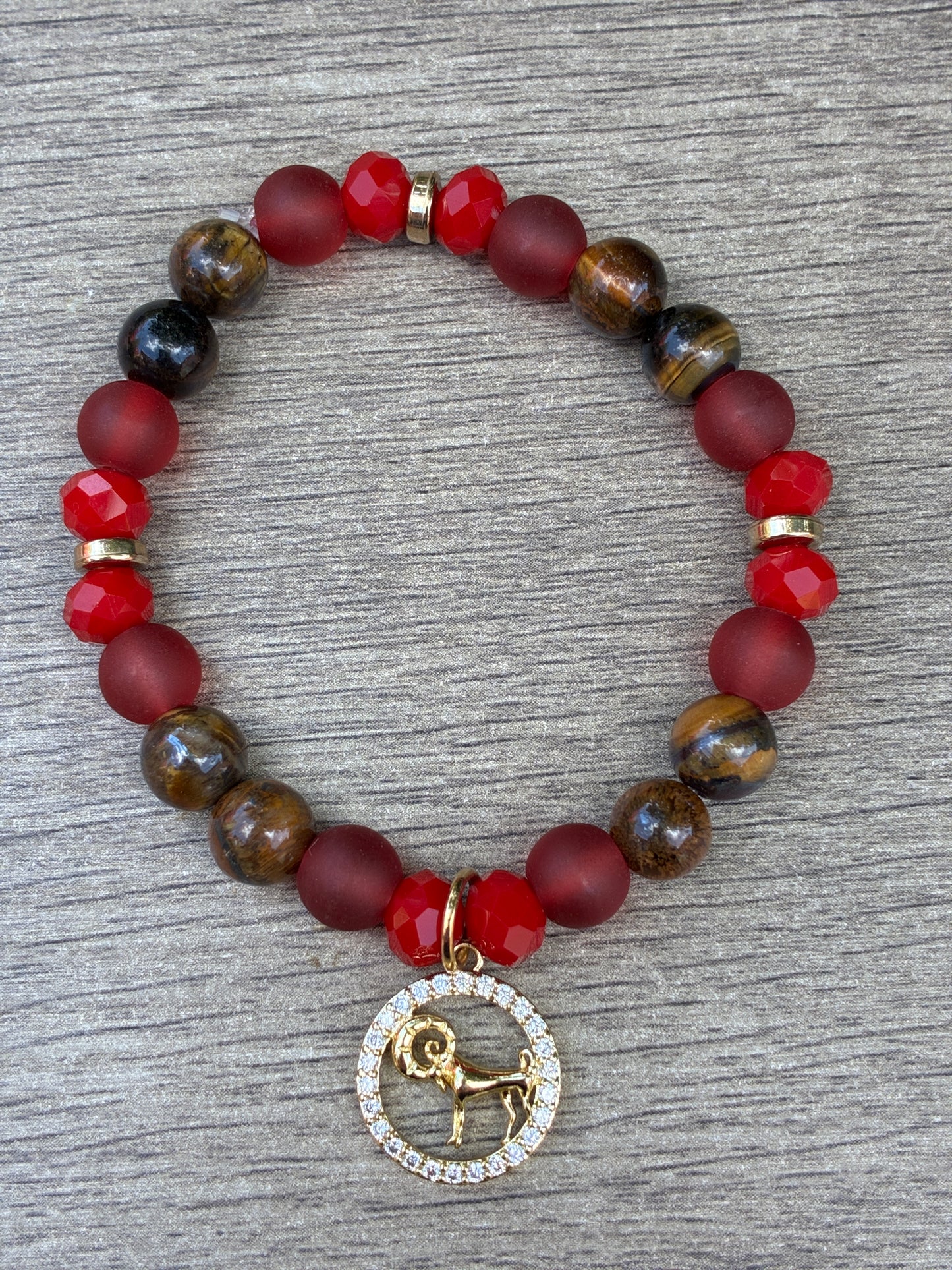 Tiger's Eye & Matte Red Beaded Bracelet featuring Gold Aries Charm- Size Small