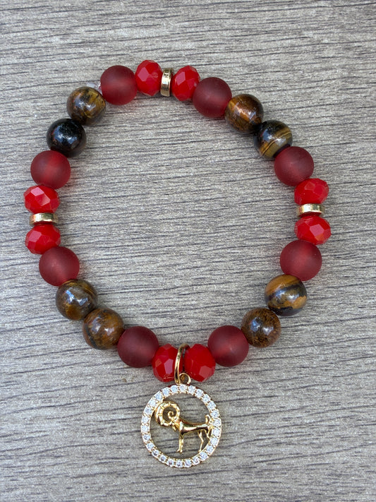 Tiger's Eye & Matte Red Beaded Bracelet featuring Gold Aries Charm- Size Small