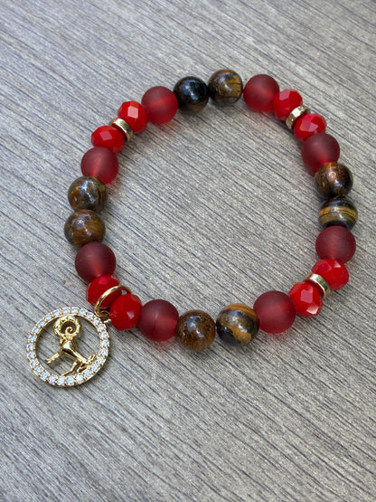 Tiger's Eye & Matte Red Beaded Bracelet featuring Gold Aries Charm- Size Small
