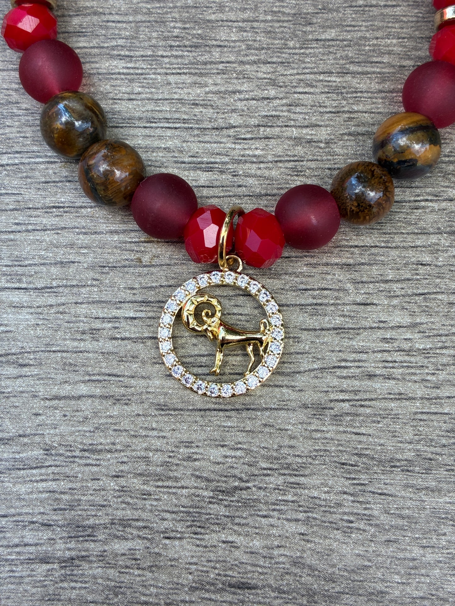 Tiger's Eye & Matte Red Beaded Bracelet featuring Gold Aries Charm- Size Small