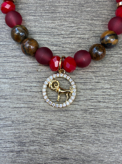 Tiger's Eye & Matte Red Beaded Bracelet featuring Gold Aries Charm- Size Small