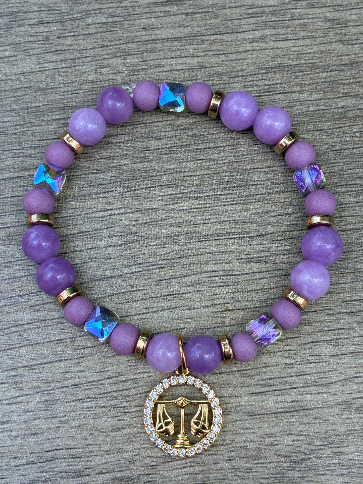 Lepidolite & Iridescent Beaded Bracelet featuring Gold Libra Charm- Size Medium