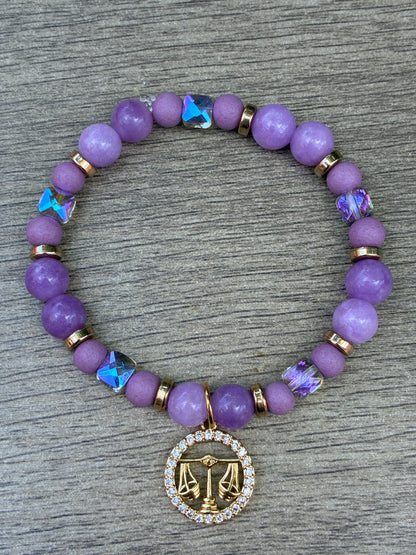 Lepidolite & Iridescent Beaded Bracelet featuring Gold Libra Charm- Size Medium