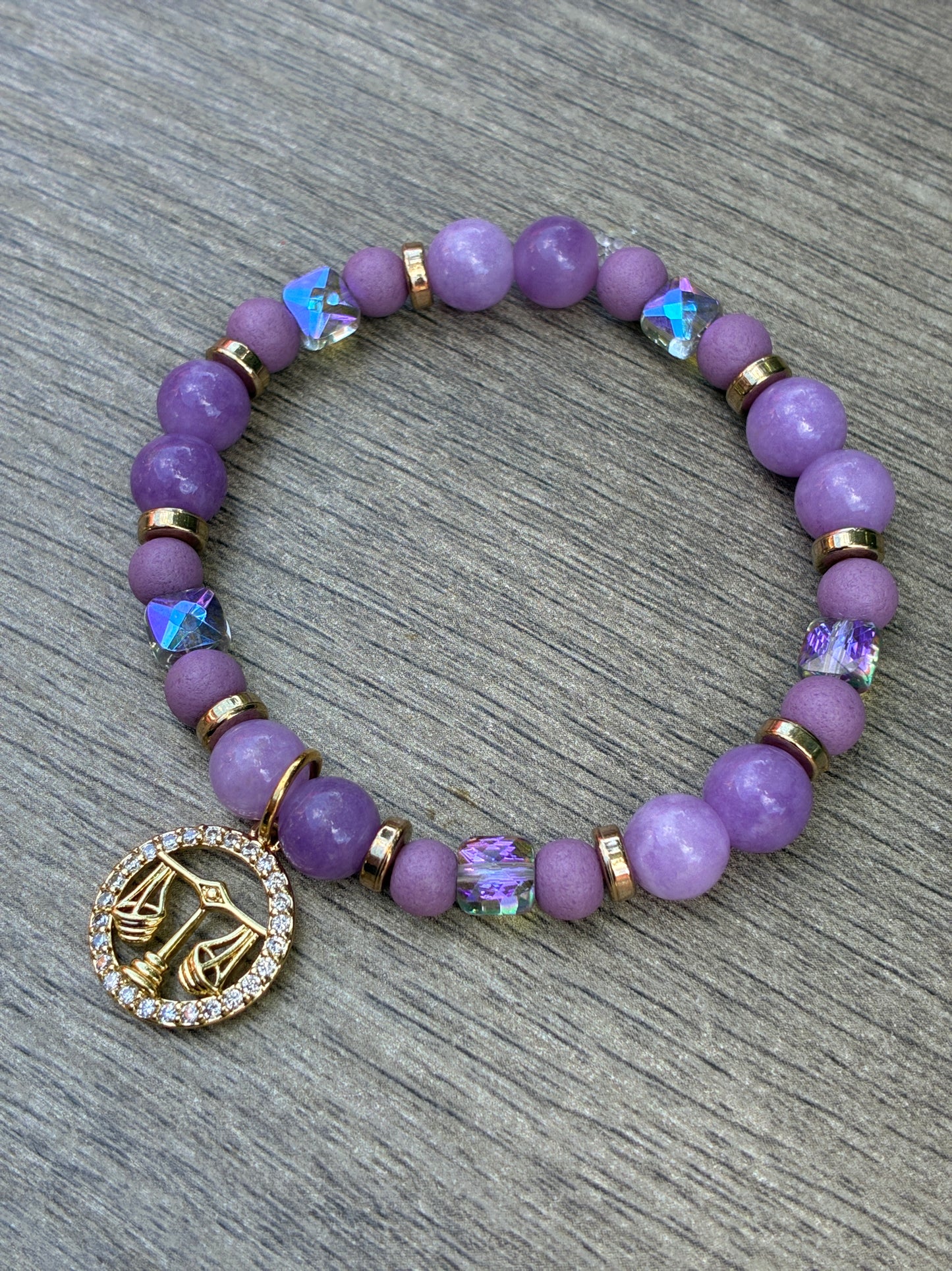Lepidolite & Iridescent Beaded Bracelet featuring Gold Libra Charm- Size Medium