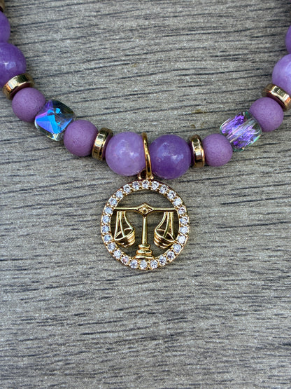 Lepidolite & Iridescent Beaded Bracelet featuring Gold Libra Charm- Size Medium