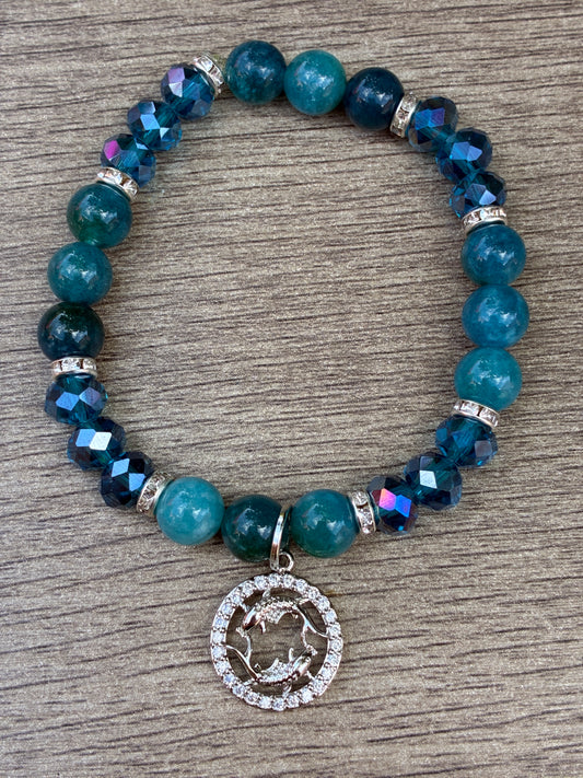 Apatite Beaded Bracelet featuring Silver Pisces Charm- Size Medium