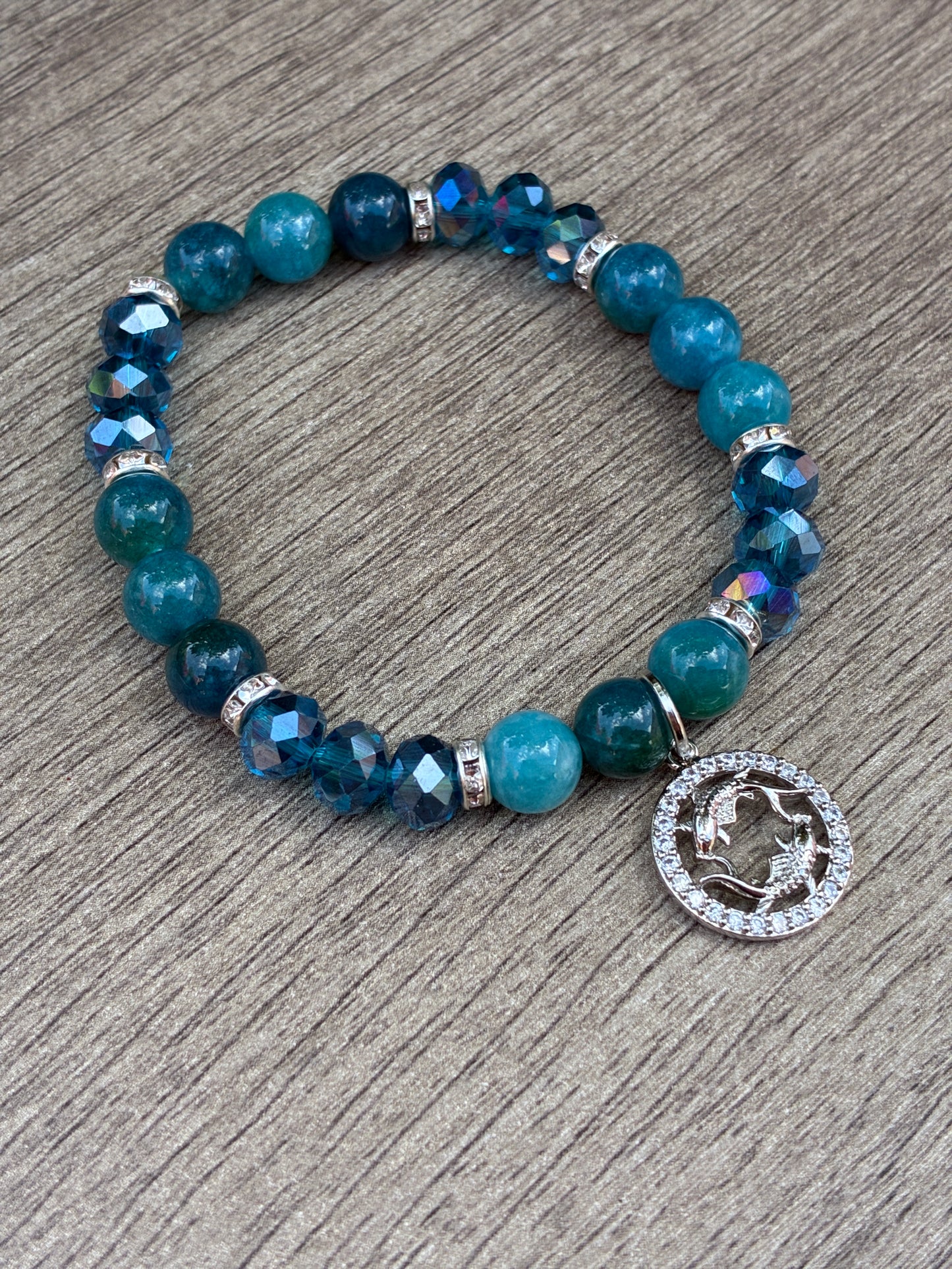 Apatite Beaded Bracelet featuring Silver Pisces Charm- Size Medium