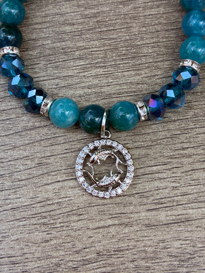 Apatite Beaded Bracelet featuring Silver Pisces Charm- Size Medium