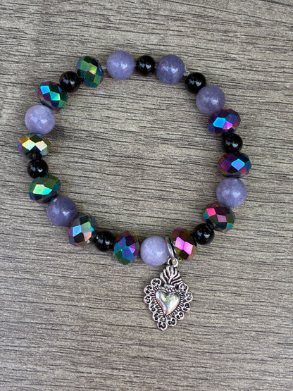 Lepidolite & Metallic Beaded Bracelet featuring Silver Sacred Heart- Size Small
