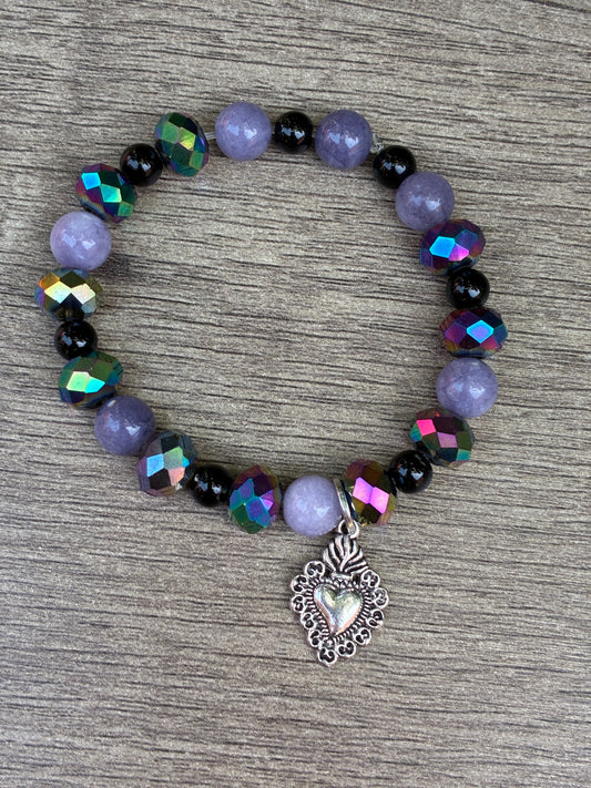 Lepidolite & Metallic Beaded Bracelet featuring Silver Sacred Heart- Size Small