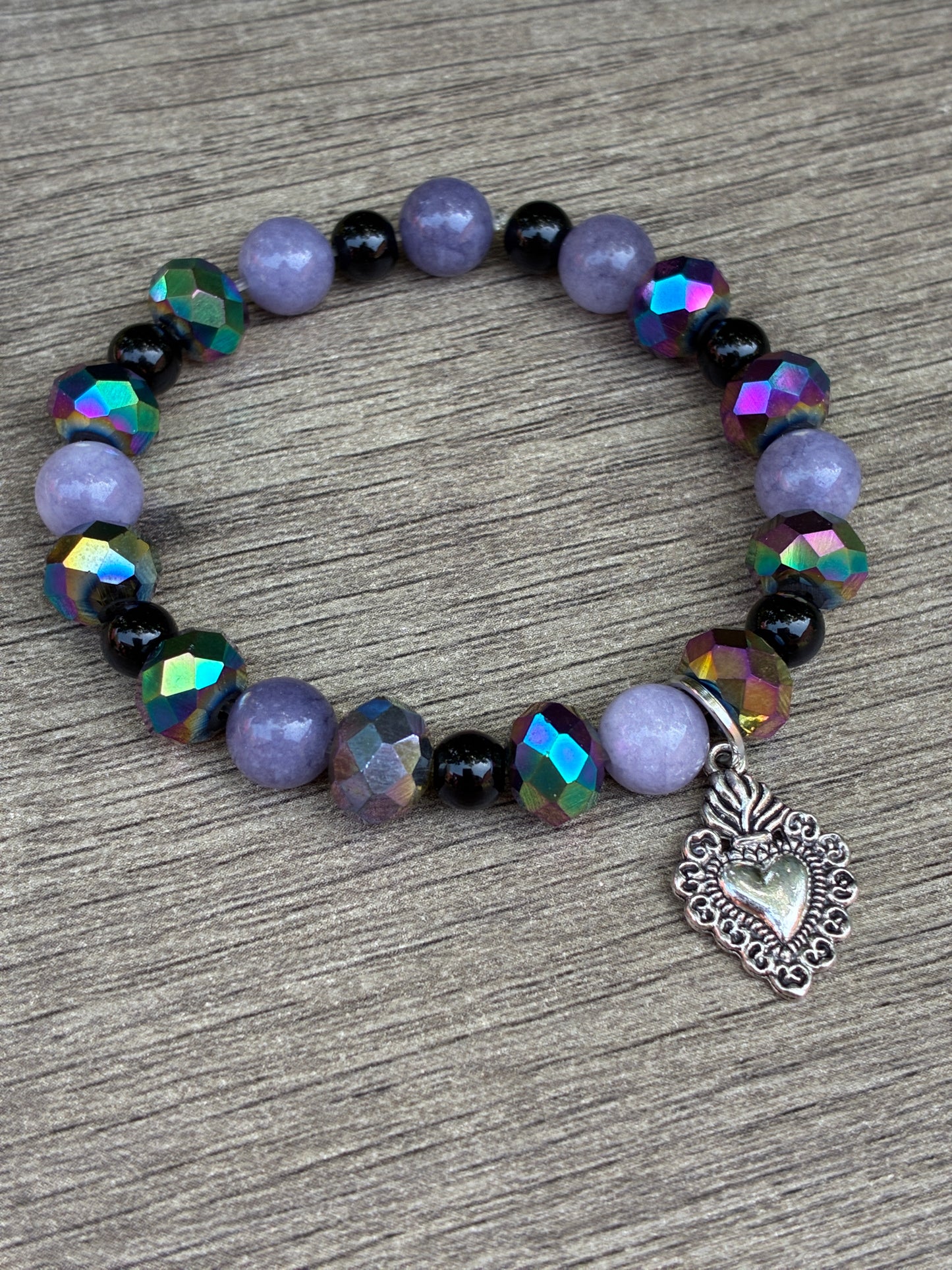 Lepidolite & Metallic Beaded Bracelet featuring Silver Sacred Heart- Size Small
