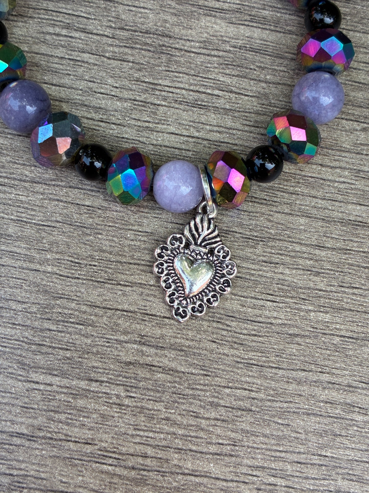 Lepidolite & Metallic Beaded Bracelet featuring Silver Sacred Heart- Size Small