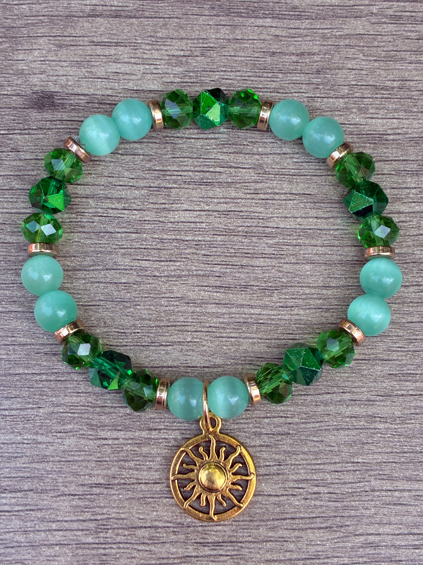 Green Cat's Eye Beaded Bracelet featuring Gold Sun Dial Charm- Size Large