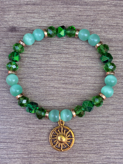 Green Cat's Eye Beaded Bracelet featuring Gold Sun Dial Charm- Size Large