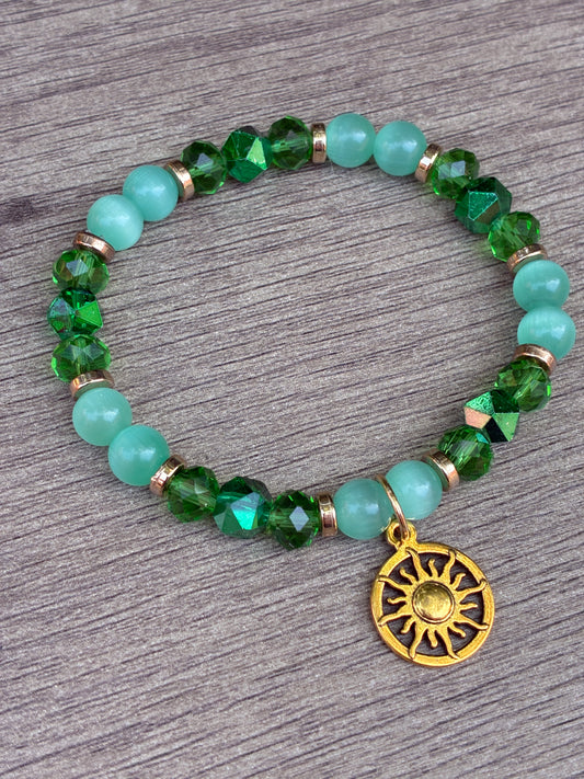 Green Cat's Eye Beaded Bracelet featuring Gold Sun Dial Charm- Size Large