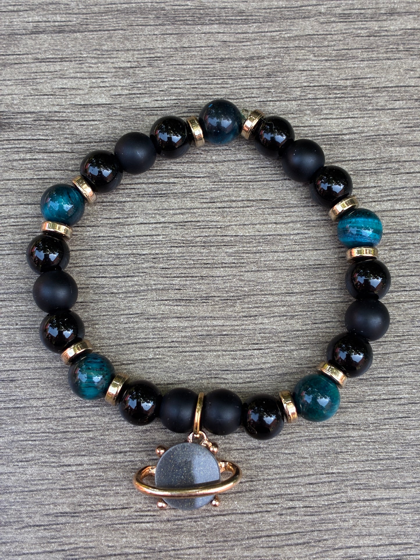 Obsidian & Blue Tiger's Eye Beaded Bracelet featuring Gold Saturn Charm- Size Small