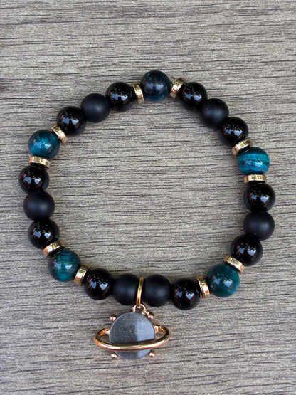 Obsidian & Blue Tiger's Eye Beaded Bracelet featuring Gold Saturn Charm- Size Small