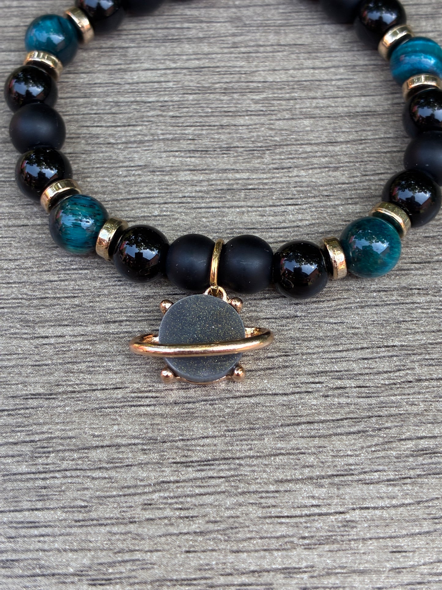 Obsidian & Blue Tiger's Eye Beaded Bracelet featuring Gold Saturn Charm- Size Small