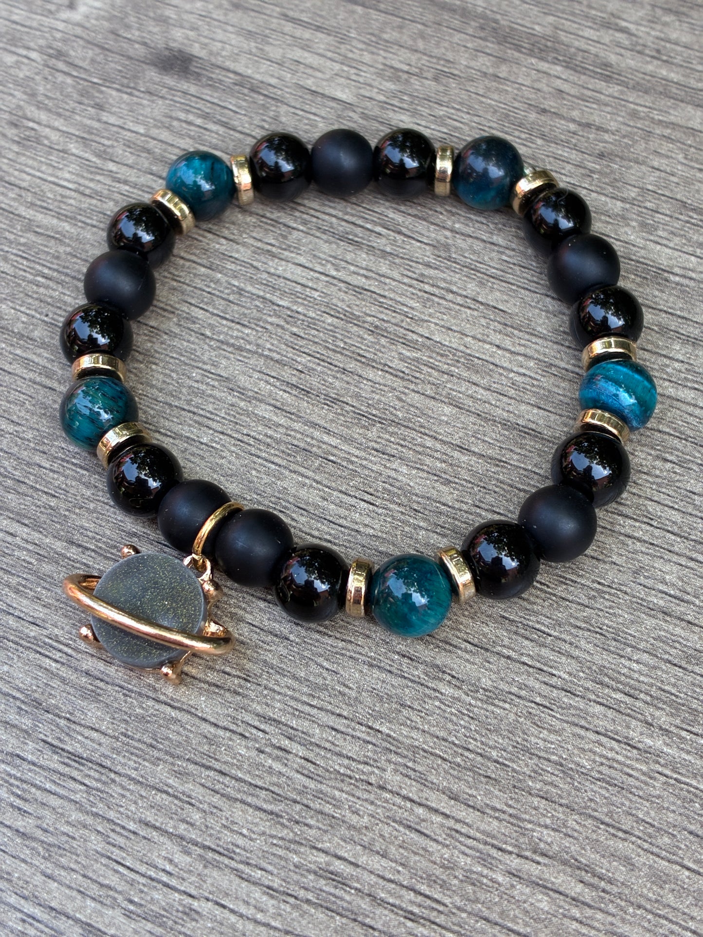 Obsidian & Blue Tiger's Eye Beaded Bracelet featuring Gold Saturn Charm- Size Small