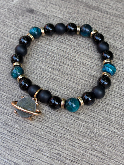 Obsidian & Blue Tiger's Eye Beaded Bracelet featuring Gold Saturn Charm- Size Small