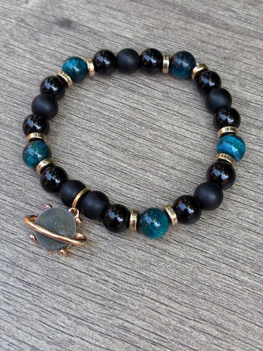 Obsidian & Blue Tiger's Eye Beaded Bracelet featuring Gold Saturn Charm- Size Small