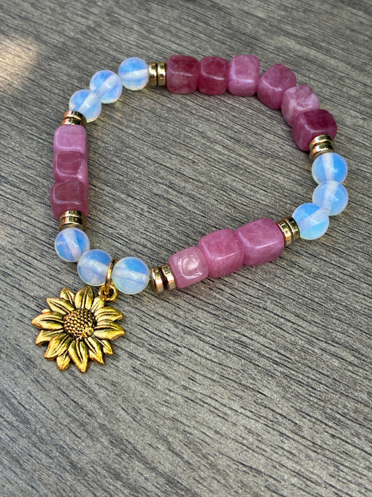 Opalite & Rose Colored Beaded Bracelet featuring Gold Sunflower- Size Large
