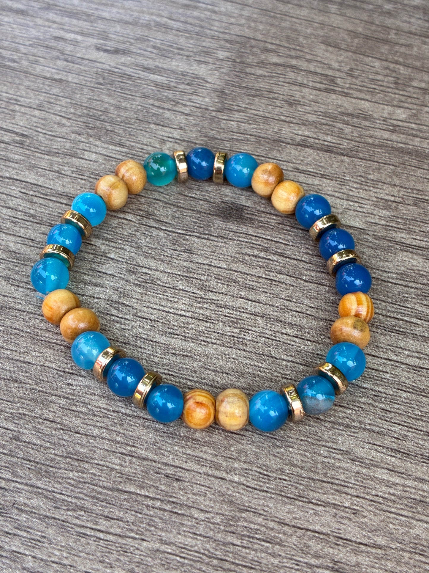 Blue Agate & Wood Beaded Bracelet featuring Gold Accents- Size Small
