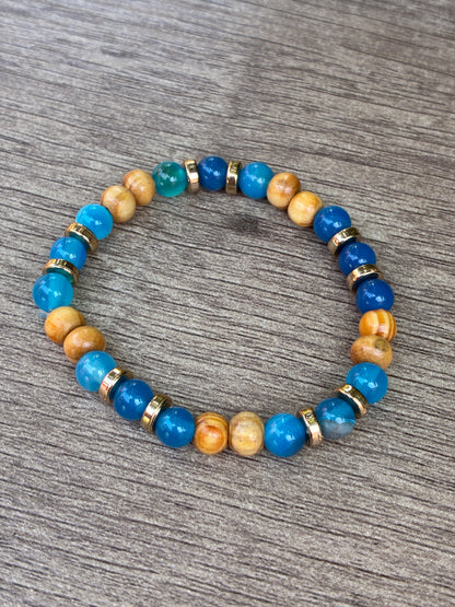 Blue Agate & Wood Beaded Bracelet featuring Gold Accents- Size Small