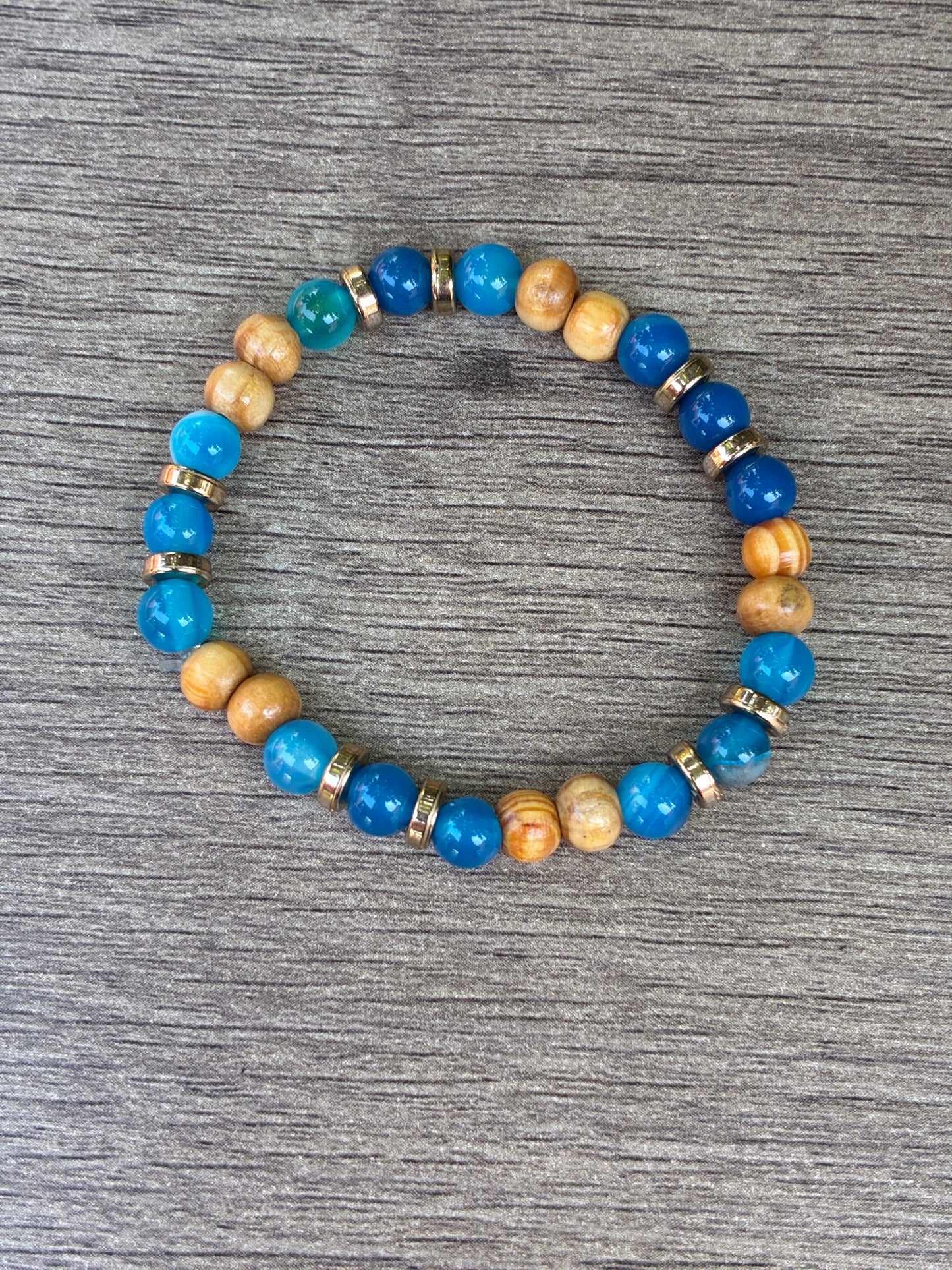 Blue Agate & Wood Beaded Bracelet featuring Gold Accents- Size Small